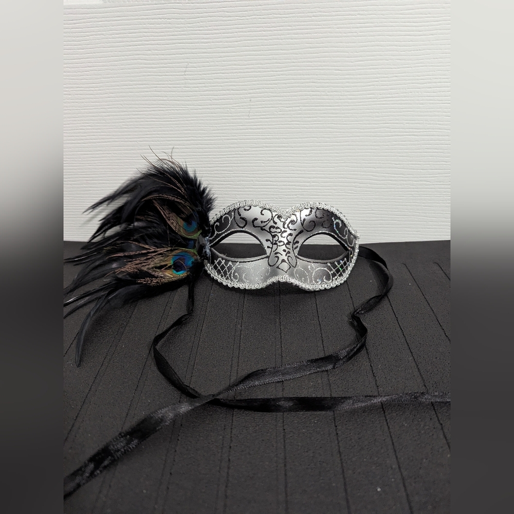 Elegant Silver and Black Feathered Mask